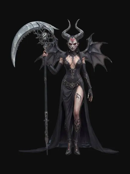 3D model for fantasy female demon with scythe, slim elegant body, elegantly dressed with embroidered emblems, detailed demonic look in face, extremely detailed, high sharp resolution texture, epic stance, #emblem#