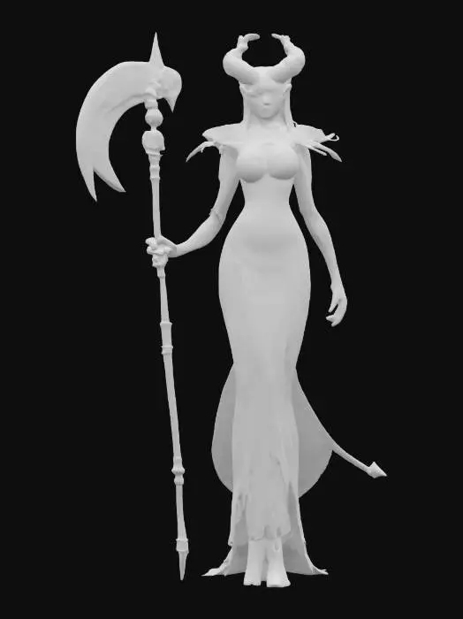 3D model for fantasy female demon with scythe, slim elegant body, elegantly dressed with embroidered emblems, detailed demonic look in face, extremely detailed, high sharp resolution texture, epic stance, #emblem#