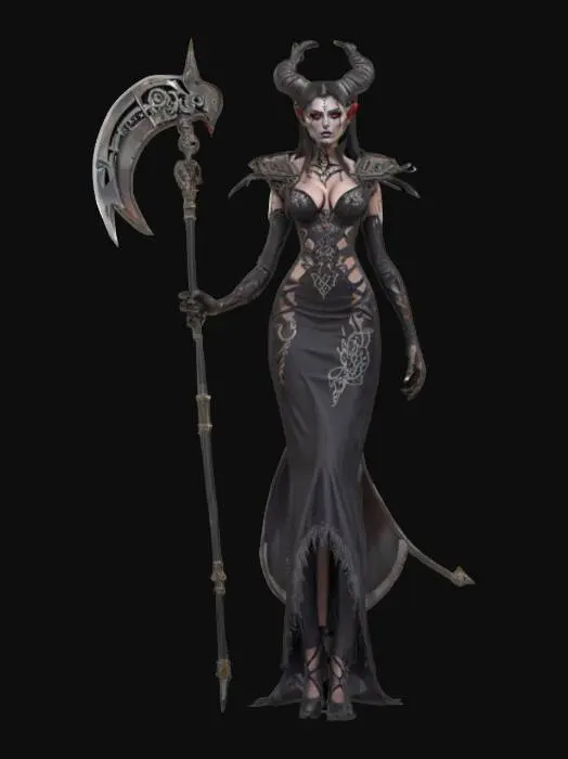 3D model for fantasy female demon with scythe, slim elegant body, elegantly dressed with embroidered emblems, detailed demonic look in face, extremely detailed, high sharp resolution texture, epic stance, #emblem#