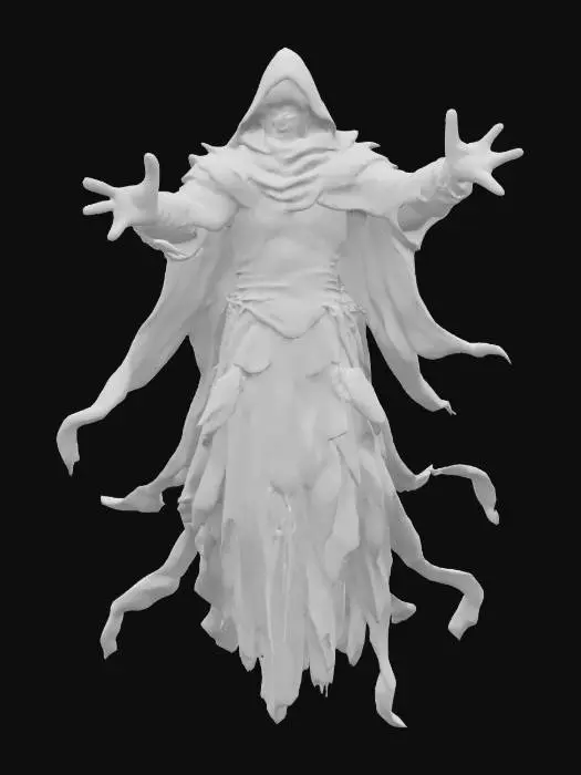 3D model for fantasy frightening wraith, body floating in the air, he is dressed in rusty armor, outstretched arms forward in front of him, detailed scary face wraith, all around traces of dark magic, extremely detailed, high sharp resolution texture, ultrarealistic, epic stance