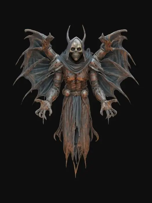 3D model for fantasy frightening wraith, body floating in the air, he is dressed in rusty armor, outstretched arms forward in front of him, detailed scary face wraith, all around traces of dark magic, extremely detailed, high sharp resolution texture, ultrarealistic, epic stance