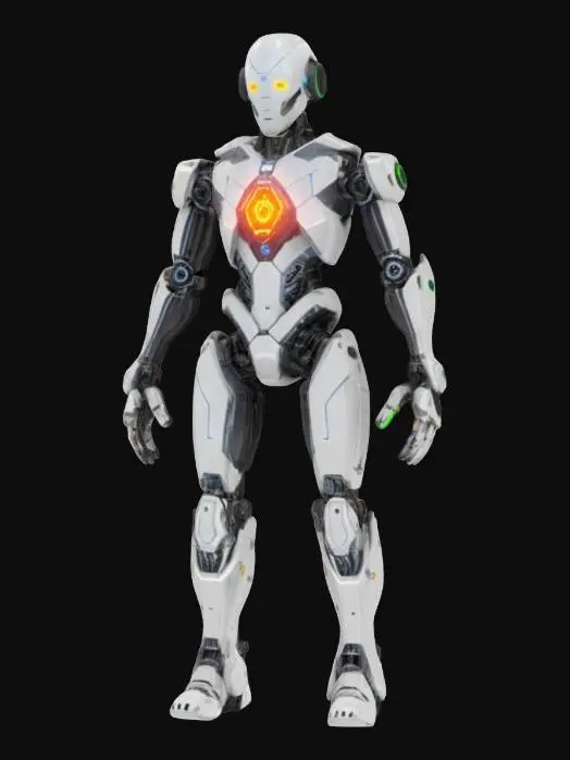 3D model for sci-fi autonomous unit ai entity, modular nano body, modifiable input and output units, energy core with automatically detectable communication interface, possibility of modifying humanoid appearance, extremely detailed, high sharp resolution texture, ultrarealistic, epic stance