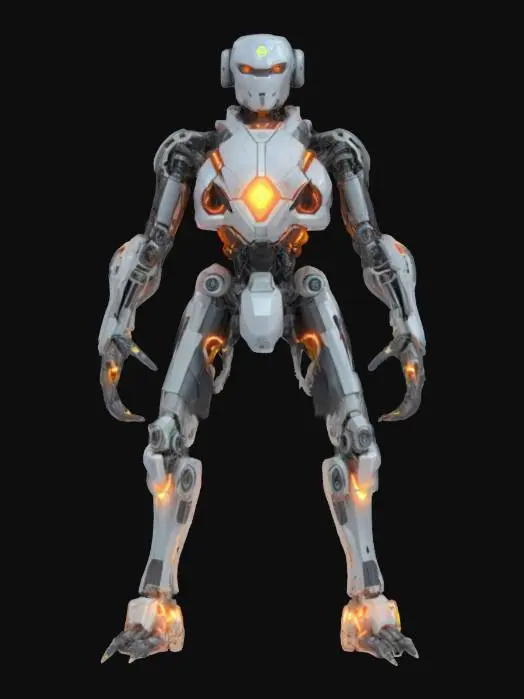 3D model for sci-fi autonomous unit ai entity, modular nano body, modifiable input and output units, energy core with automatically detectable communication interface, possibility of modifying humanoid appearance, extremely detailed, high sharp resolution texture, ultrarealistic, epic stance