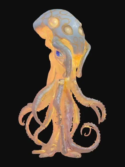 3D model for unknown entity from distant space, intelligent appearance although not very humanoid, antigravity core i.e. floating in the air, gripping tentacles instead of individual limbs, main sensory organs on some kind of head, pleasant to look at, extremely detailed, high sharp resolution texture, hyperrealistic, epic stance