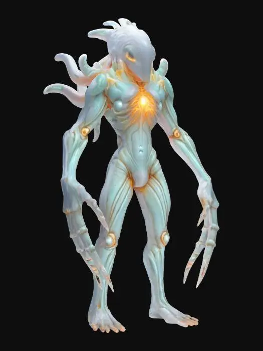 3D model for unknown entity from distant space, intelligent appearance although not very humanoid, antigravity core i.e. floating in the air, gripping tentacles instead of individual limbs, main sensory organs on some kind of head, pleasant to look at, extremely detailed, high sharp resolution texture, hyperrealistic, epic stance