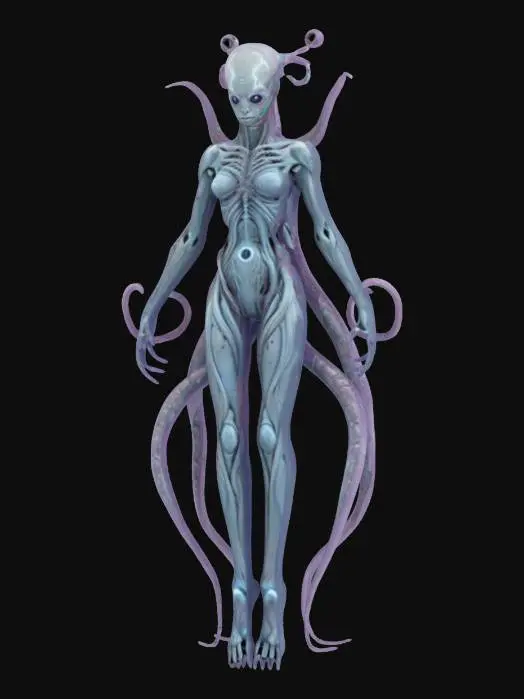 3D model for unknown entity from distant space, intelligent appearance although not very humanoid, antigravity core i.e. floating in the air, gripping tentacles instead of individual limbs, main sensory organs on some kind of head, pleasant to look at, extremely detailed, high sharp resolution texture, hyperrealistic, epic stance