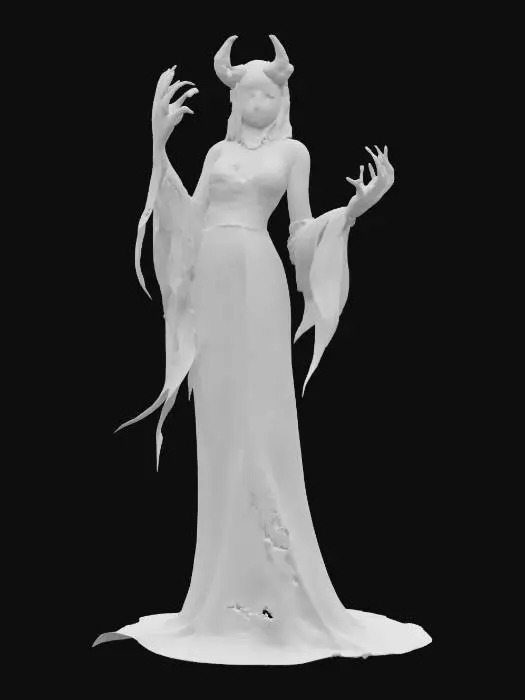 3D model for fantasy female silhouette ghost monster, graceful slender body, long bony hands ending in claws, dressed in elegant silhouette robe, detailed scary face, in attack, extremely detailed, high resolution texture, hyper-realistic, epic picture