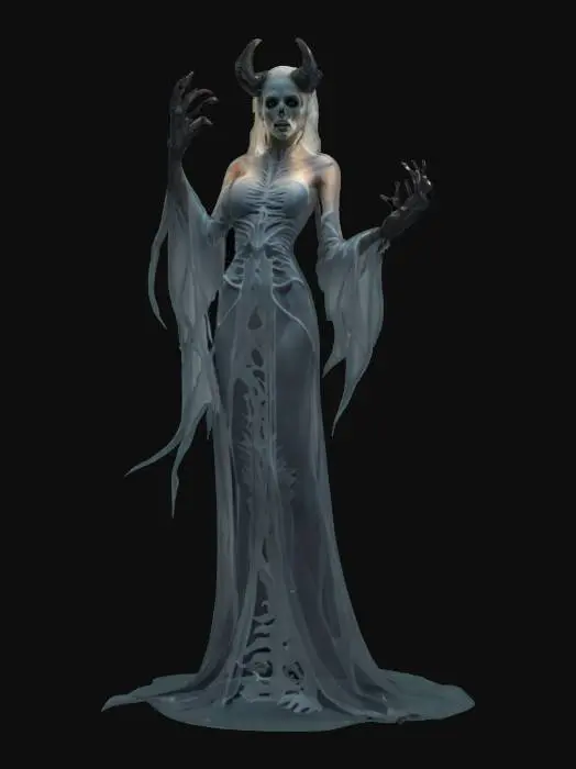 3D model for fantasy female silhouette ghost monster, graceful slender body, long bony hands ending in claws, dressed in elegant silhouette robe, detailed scary face, in attack, extremely detailed, high resolution texture, hyper-realistic, epic picture