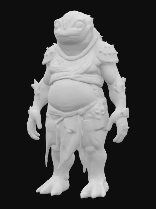 3D model for fantasy big humanoid slug swamp monster, massive stocky body covered with ferns and algae, slimy body surface, carapace armor on the back, dressed in a torn robe, detailed slug face with multiple eyes, extremely detailed, high sharp resolution texture, hyperrealistic, epic stance