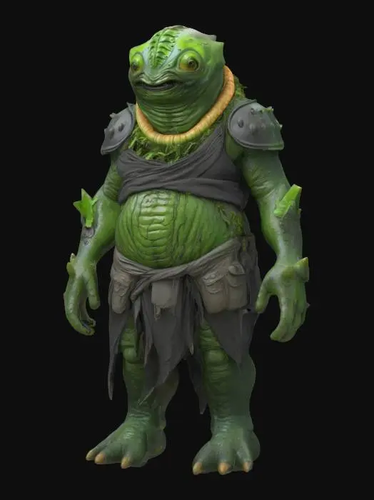 3D model for fantasy big humanoid slug swamp monster, massive stocky body covered with ferns and algae, slimy body surface, carapace armor on the back, dressed in a torn robe, detailed slug face with multiple eyes, extremely detailed, high sharp resolution texture, hyperrealistic, epic stance