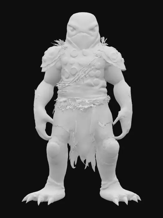 3D model for fantasy big humanoid slug swamp monster, massive stocky body covered with ferns and algae, slimy body surface, carapace armor on the back, dressed in a torn robe, detailed slug face with multiple eyes, extremely detailed, high sharp resolution texture, hyperrealistic, epic stance