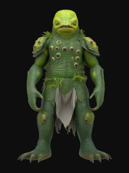 3D model for fantasy big humanoid slug swamp monster, massive stocky body covered with ferns and algae, slimy body surface, carapace armor on the back, dressed in a torn robe, detailed slug face with multiple eyes, extremely detailed, high sharp resolution texture, hyperrealistic, epic stance