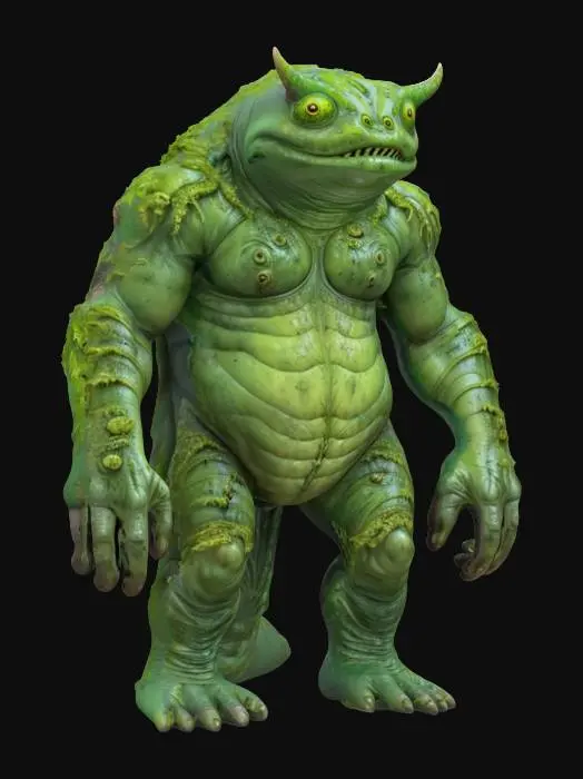 3D model for fantasy big humanoid slug swamp monster, massive stocky body covered with ferns and algae, slimy body surface, carapace armor on the back, dressed in a torn robe, detailed slug face with multiple eyes, extremely detailed, high sharp resolution texture, hyperrealistic, epic stance