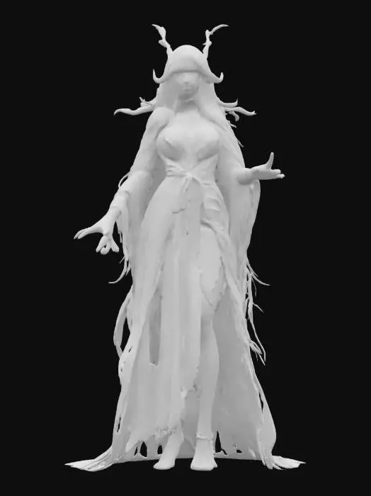 3D model for fantasy female banshee, slim elegant body, long straight hair sticking out like blades, elegant robe torn into individual shreds, hands ending in claws reaching forward, detailed nice terrifying female face, extremely detailed, high sharp resolution texture, hyper-realistic, epic stance