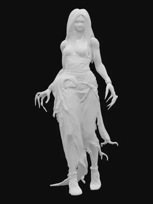 3D model for fantasy female banshee, slim elegant body, long straight hair sticking out like blades, elegant robe torn into individual shreds, hands ending in claws reaching forward, detailed nice terrifying female face, extremely detailed, high sharp resolution texture, hyper-realistic, epic stance