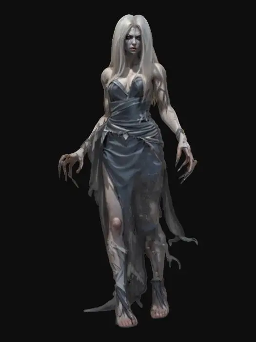 3D model for fantasy female banshee, slim elegant body, long straight hair sticking out like blades, elegant robe torn into individual shreds, hands ending in claws reaching forward, detailed nice terrifying female face, extremely detailed, high sharp resolution texture, hyper-realistic, epic stance