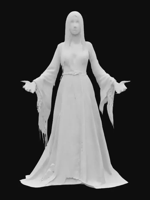 3D model for fantasy female banshee, slim elegant body, long straight hair sticking out like blades, elegant robe torn into individual shreds, hands ending in claws reaching forward, detailed nice terrifying female face, extremely detailed, high sharp resolution texture, hyper-realistic, epic stance