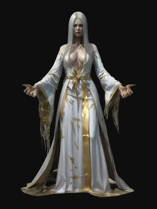 3D model for fantasy female banshee, slim elegant body, long straight hair sticking out like blades, elegant robe torn into individual shreds, hands ending in claws reaching forward, detailed nice terrifying female face, extremely detailed, high sharp resolution texture, hyper-realistic, epic stance