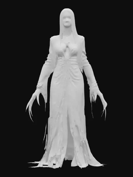 3D model for fantasy female banshee, slim elegant body, long straight hair sticking out like blades, elegant robe torn into individual shreds, hands ending in claws reaching forward, detailed nice terrifying female face, extremely detailed, high sharp resolution texture, hyper-realistic, epic stance