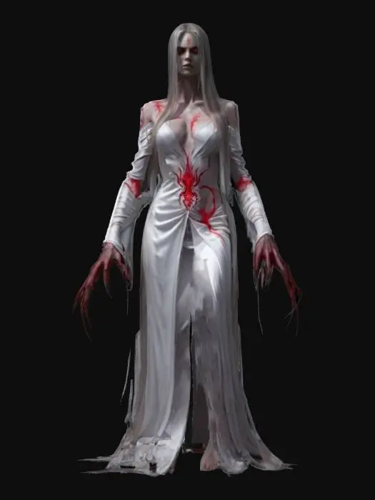 3D model for fantasy female banshee, slim elegant body, long straight hair sticking out like blades, elegant robe torn into individual shreds, hands ending in claws reaching forward, detailed nice terrifying female face, extremely detailed, high sharp resolution texture, hyper-realistic, epic stance
