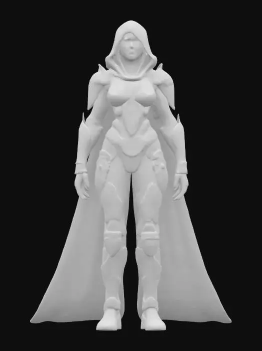 3D model for fantasy bioenergy female fighter, elegantly crafted body, bioarmor plates on the body, luminous sensors distributed throughout the body, detailed elaborate face, extremely detailed, high sharp resolution texture, hyperrealistic, epic stance