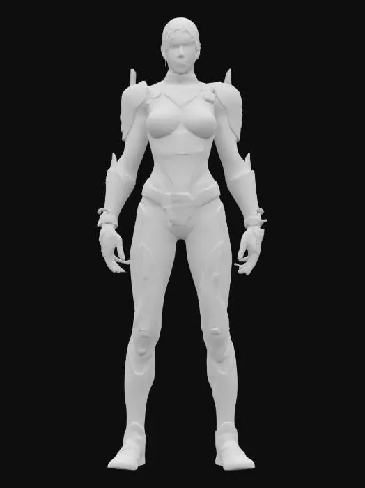 3D model for fantasy bioenergy female fighter, elegantly crafted body, bioarmor plates on the body, luminous sensors distributed throughout the body, detailed elaborate face, extremely detailed, high sharp resolution texture, hyperrealistic, epic stance