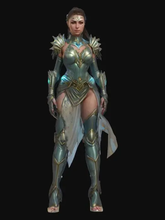 3D model for fantasy bioenergy female fighter, elegantly crafted body, bioarmor plates on the body, luminous sensors distributed throughout the body, detailed elaborate face, extremely detailed, high sharp resolution texture, hyperrealistic, epic stance