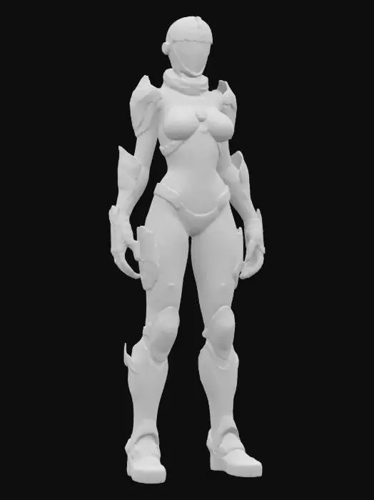 3D model for fantasy bioenergy female fighter, elegantly crafted body, bioarmor plates on the body, luminous sensors distributed throughout the body, detailed elaborate face, extremely detailed, high sharp resolution texture, hyperrealistic, epic stance