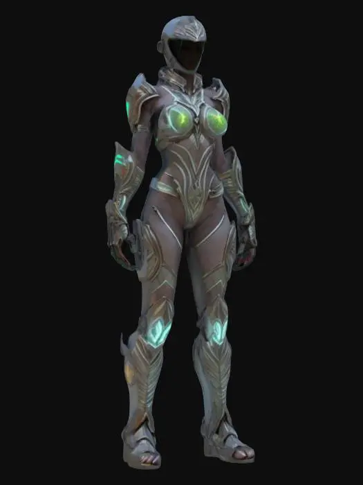 3D model for fantasy bioenergy female fighter, elegantly crafted body, bioarmor plates on the body, luminous sensors distributed throughout the body, detailed elaborate face, extremely detailed, high sharp resolution texture, hyperrealistic, epic stance