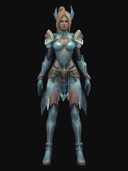 3D model for fantasy bioenergy female fighter, elegantly crafted body, bioarmor plates on the body, luminous sensors distributed throughout the body, detailed elaborate face, extremely detailed, high sharp resolution texture, hyperrealistic, epic stance