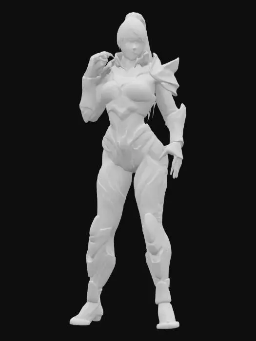 3D model for fantasy bioenergy female fighter, elegantly crafted body, bioarmor plates on the body, luminous sensors distributed throughout the body, detailed elaborate face, extremely detailed, high sharp resolution texture, hyperrealistic, epic stance