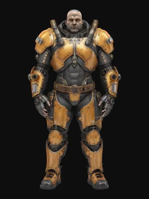 3D model for futuristic steampunk industrial repairman, massive body, armored protective suit, technical sensors distributed over the body, detailed face, extremely detailed, high sharp resolution texture, hyperrealistic, epic stance