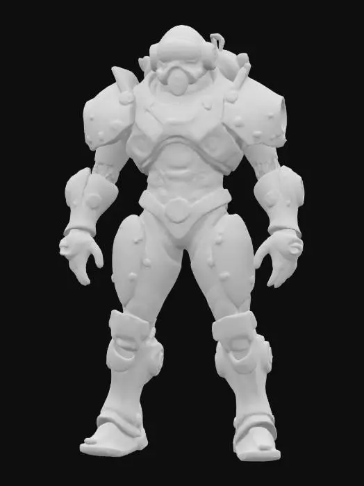 3D model for futuristic steampunk industrial repairman, massive body, armored protective suit, technical sensors distributed over the body, detailed face, extremely detailed, high sharp resolution texture, hyperrealistic, epic stance