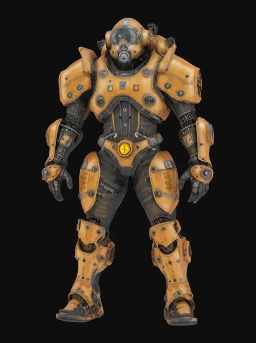 3D model for futuristic steampunk industrial repairman, massive body, armored protective suit, technical sensors distributed over the body, detailed face, extremely detailed, high sharp resolution texture, hyperrealistic, epic stance