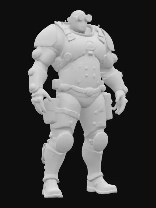 3D model for futuristic steampunk industrial repairman, massive body, armored protective suit, technical sensors distributed over the body, detailed face, extremely detailed, high sharp resolution texture, hyperrealistic, epic stance