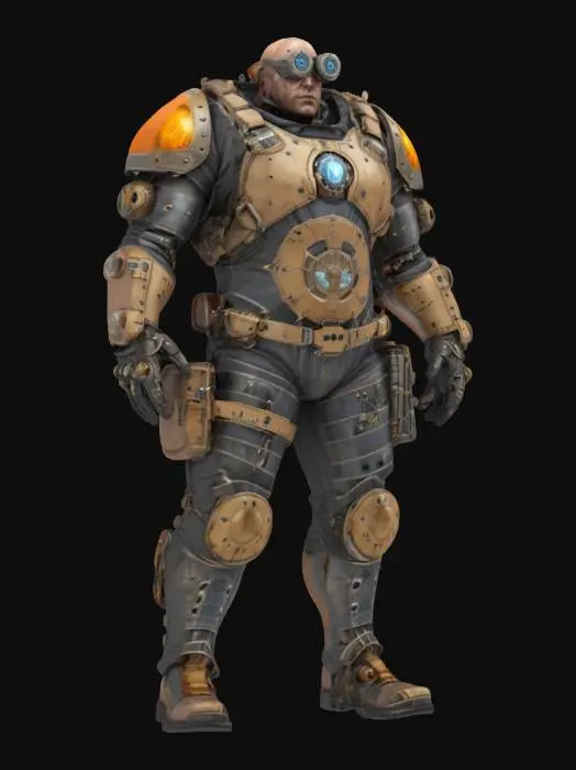 3D model for futuristic steampunk industrial repairman, massive body, armored protective suit, technical sensors distributed over the body, detailed face, extremely detailed, high sharp resolution texture, hyperrealistic, epic stance