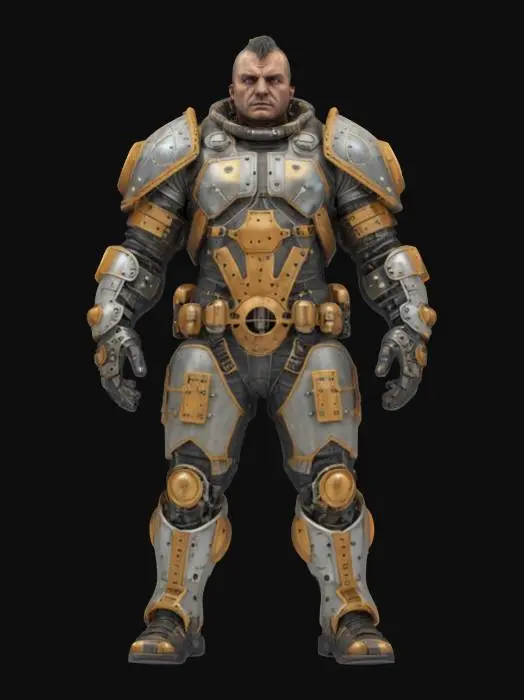 3D model for futuristic steampunk industrial repairman, massive body, armored protective suit, technical sensors distributed over the body, detailed face, extremely detailed, high sharp resolution texture, hyperrealistic, epic stance