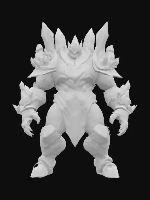 3D model for fantasy elemental crystal golem, powerful body, unusual golem still in armor, medium crystals all over body, detailed face, extremely detailed, high sharp resolution texture, hyperrealistic, epic stance