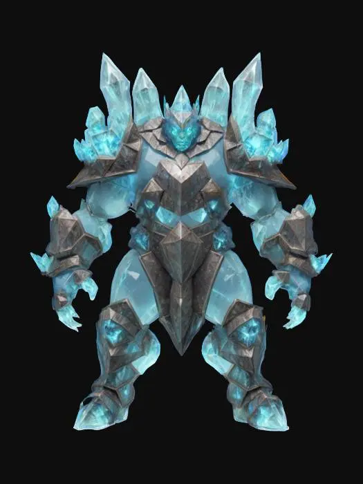 3D model for fantasy elemental crystal golem, powerful body, unusual golem still in armor, medium crystals all over body, detailed face, extremely detailed, high sharp resolution texture, hyperrealistic, epic stance