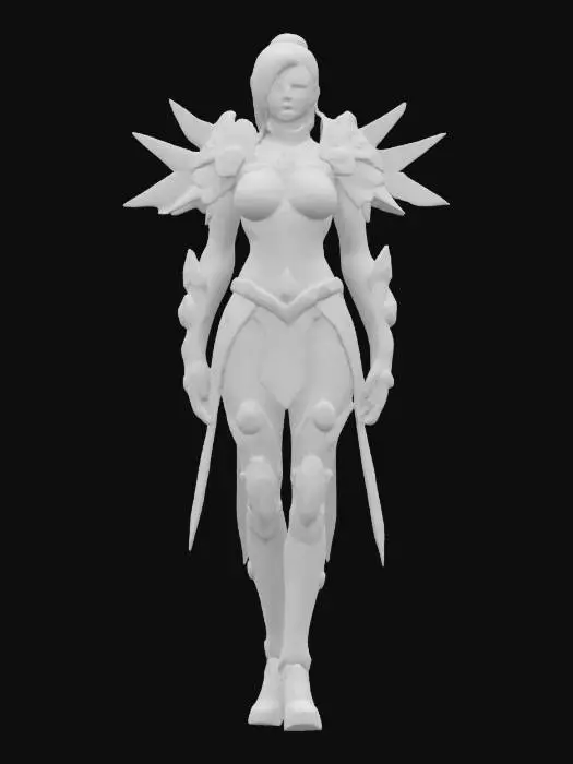 3D model for fantasy bioenergy female fighter, elegantly crafted body, bioarmor plates on the body, luminous sensors distributed throughout the body, detailed elaborate face, extremely detailed, high sharp resolution texture, hyperrealistic, epic stance