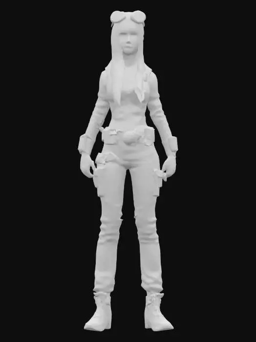 3D model for fantasy steampunk female technologist, arms around body or on hips or resting on torso, dressed in steampunk style jumpsuit, various devices with alarms attached to body, devices slightly glowing, pensive stance, long or short but groomed hair, extremely detailed, high sharp resolution texture, hyperrealistic, epic stance