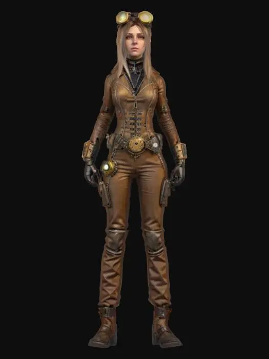 3D model for fantasy steampunk female technologist, arms around body or on hips or resting on torso, dressed in steampunk style jumpsuit, various devices with alarms attached to body, devices slightly glowing, pensive stance, long or short but groomed hair, extremely detailed, high sharp resolution texture, hyperrealistic, epic stance