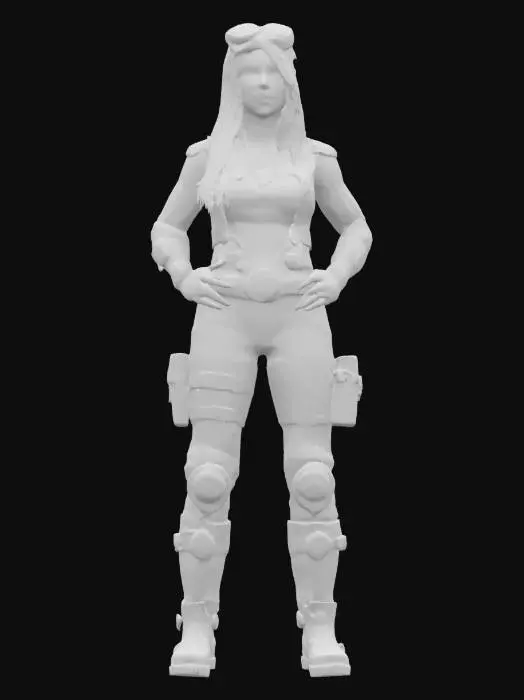 3D model for fantasy steampunk female technologist, arms around body or on hips or resting on torso, dressed in steampunk style jumpsuit, various devices with alarms attached to body, devices slightly glowing, pensive stance, long or short but groomed hair, extremely detailed, high sharp resolution texture, hyperrealistic, epic stance