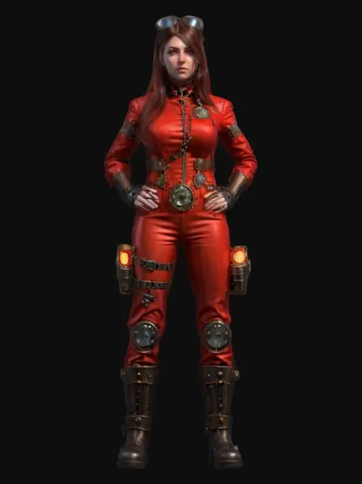 3D model for fantasy steampunk female technologist, arms around body or on hips or resting on torso, dressed in steampunk style jumpsuit, various devices with alarms attached to body, devices slightly glowing, pensive stance, long or short but groomed hair, extremely detailed, high sharp resolution texture, hyperrealistic, epic stance