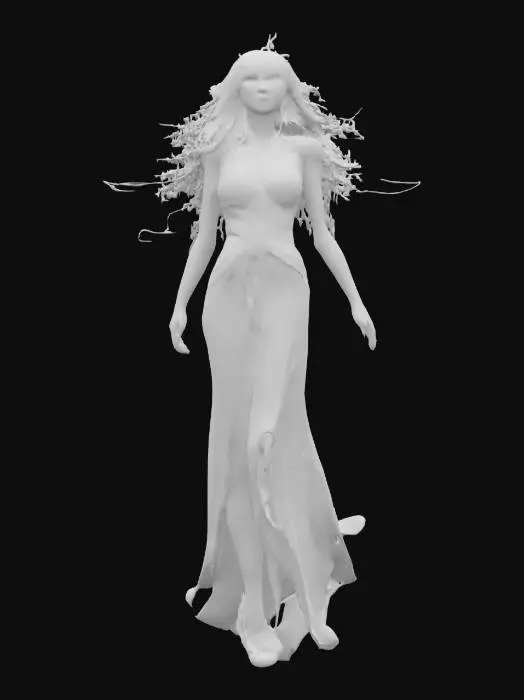 3D model for female supernatural queen elemental, her entire body levitates in the air and radiates energy, a bright glow comes out from behind her back, her body is alabaster white, highly detailed beautiful face, extremely details, high sharp resolution texture, hyperrealistic, epic stance