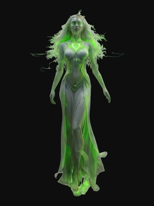 3D model for female supernatural queen elemental, her entire body levitates in the air and radiates energy, a bright glow comes out from behind her back, her body is alabaster white, highly detailed beautiful face, extremely details, high sharp resolution texture, hyperrealistic, epic stance