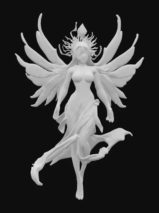 3D model for female supernatural queen elemental, her entire body levitates in the air and radiates energy, a bright glow comes out from behind her back, her body is alabaster white, highly detailed beautiful face, extremely details, high sharp resolution texture, hyperrealistic, epic stance
