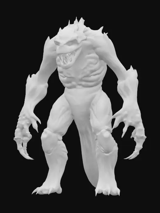 3D model for fantasy underground monstrous monster, tall massive body, several limbs allowing climbing and crawling, large detailed head and jaw full of fangs, several glowing eyes, extremely detailed, high sharp resolution texture, hyperrealistic, epic stance