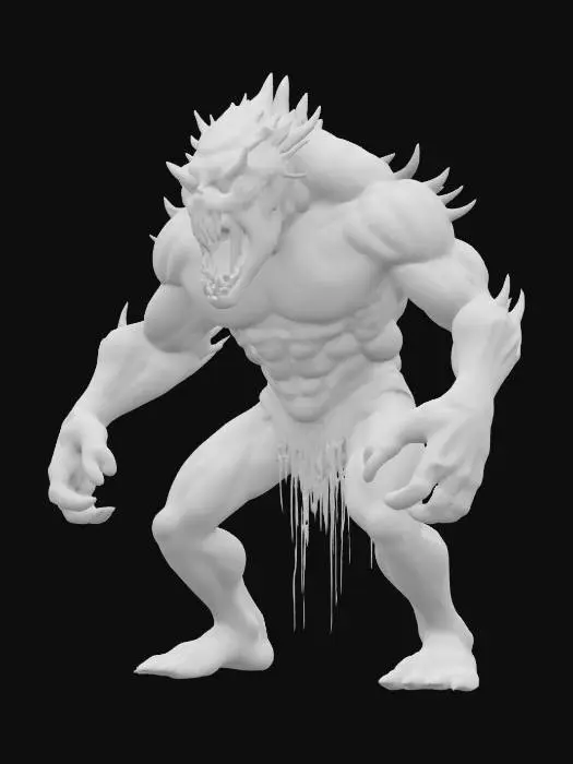 3D model for fantasy underground monstrous monster, tall massive body, several limbs allowing climbing and crawling, large detailed head and jaw full of fangs, several glowing eyes, extremely detailed, high sharp resolution texture, hyperrealistic, epic stance