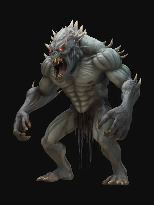 3D model for fantasy underground monstrous monster, tall massive body, several limbs allowing climbing and crawling, large detailed head and jaw full of fangs, several glowing eyes, extremely detailed, high sharp resolution texture, hyperrealistic, epic stance